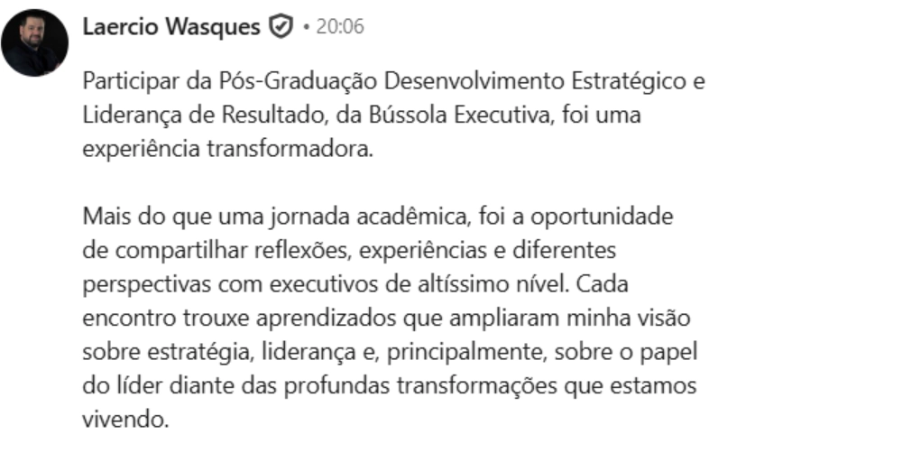 Depoimento de aluno formado na Pós-Graduação Bússola Executiva