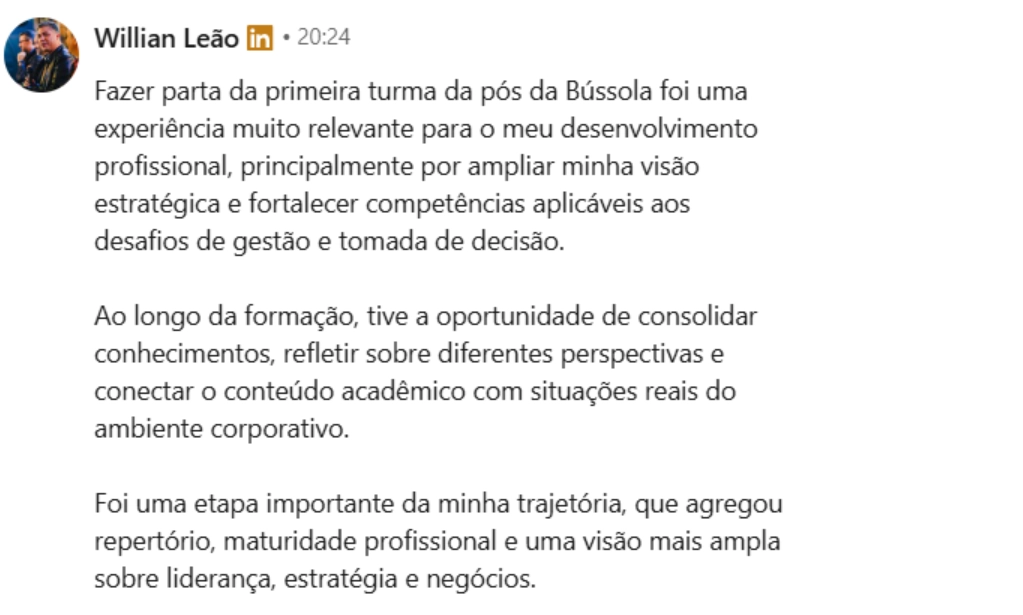 Depoimento de aluno formado na Pós-Graduação Bússola Executiva